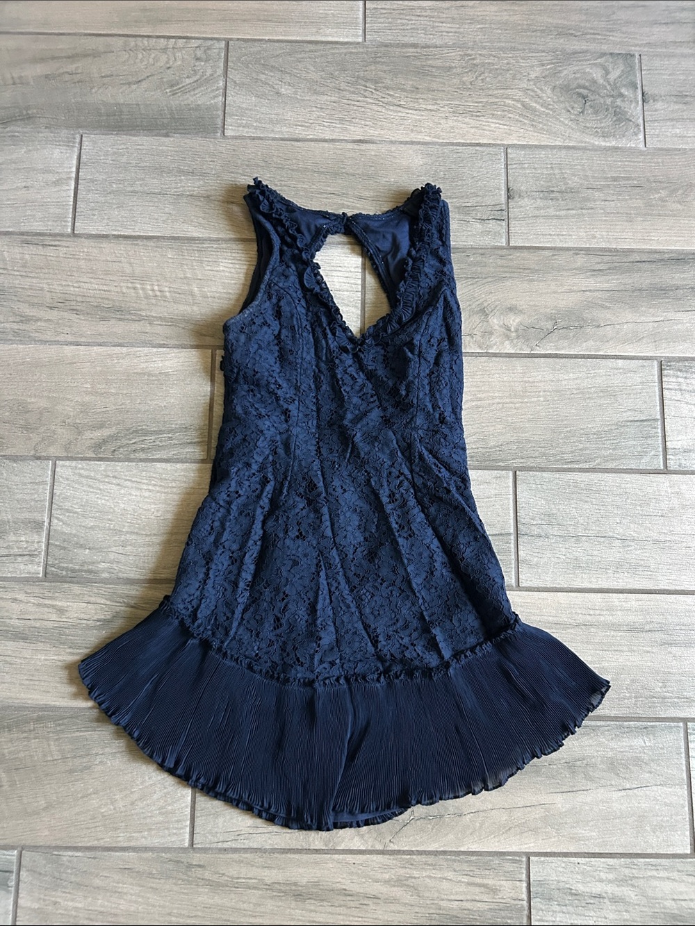 Navy Lace Mini Dress with Pleated Hem